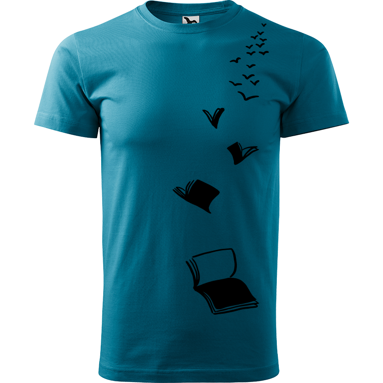 Ručně malované pánské bavlněné tričko - Knihy létající Barva trička: TMAVĚ TYRKYSOVÁ, Velikost trička: XS, Barva motivu: ČERNÁ