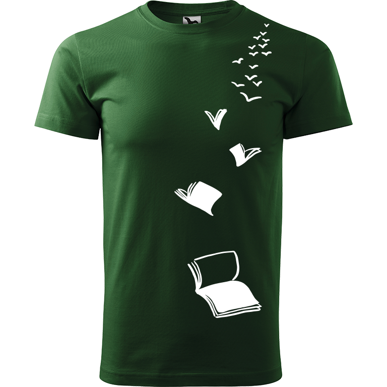 Ručně malované pánské bavlněné tričko - Knihy létající Barva trička: TMAVĚ ZELENÁ, Velikost trička: L, Barva motivu: BÍLÁ