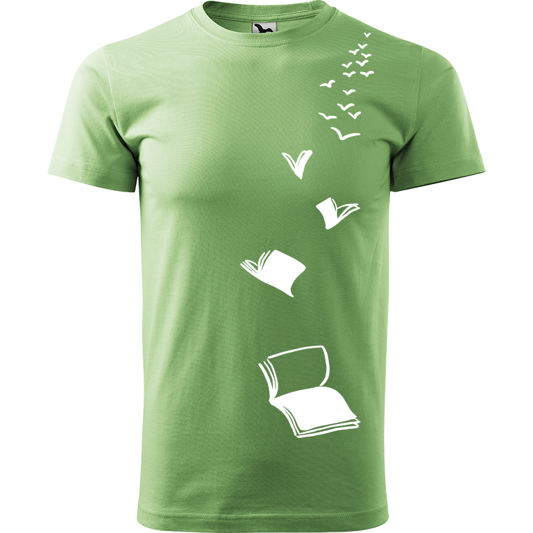 Ručně malované pánské bavlněné tričko - Knihy létající Barva trička: TRÁVOVĚ ZELENÁ, Velikost trička: M, Barva motivu: BÍLÁ