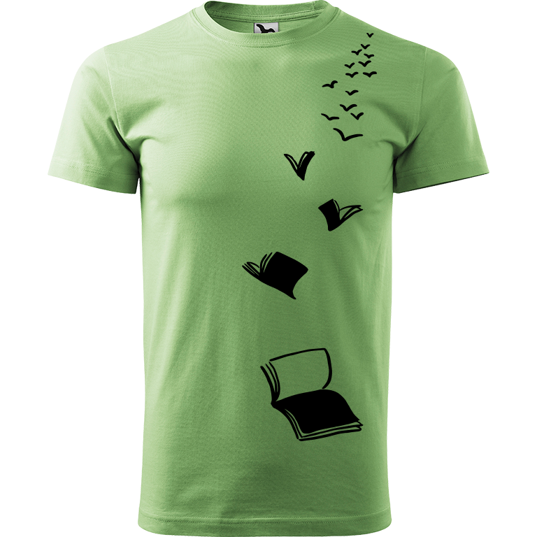 Ručně malované pánské bavlněné tričko - Knihy létající Barva trička: TRÁVOVĚ ZELENÁ, Velikost trička: XXL, Barva motivu: ČERNÁ