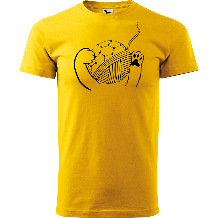 Ručně malované pánské bavlněné tričko - Kočičí packy s Fullerenem Barva trička: ŽLUTÁ, Velikost trička: XL, Barva motivu: ČERNÁ