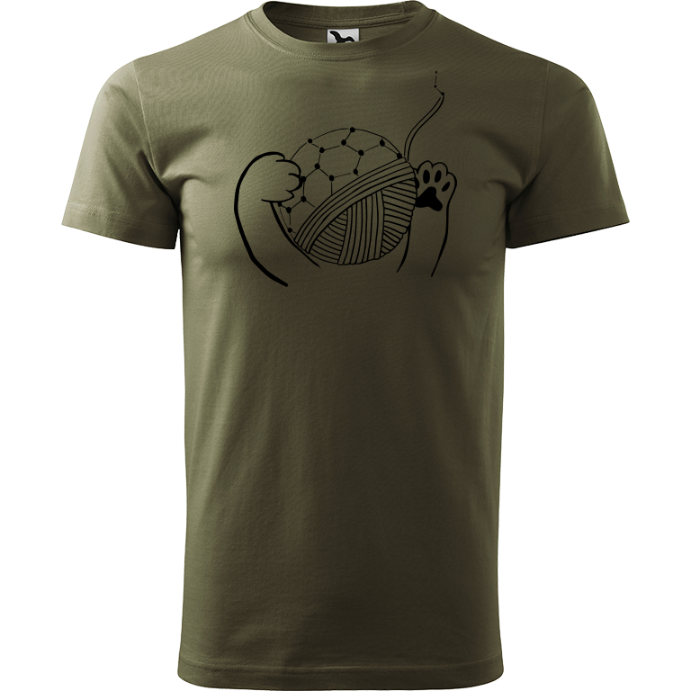 Ručně malované pánské bavlněné tričko - Kočičí packy s Fullerenem Barva trička: ARMY, Velikost trička: XXL, Barva motivu: ČERNÁ