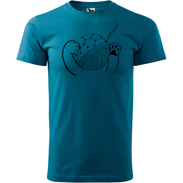 Ručně malované pánské bavlněné tričko - Kočičí packy s Fullerenem Barva trička: PETROLEJOVÁ, Velikost trička: XS, Barva motivu: ČERNÁ