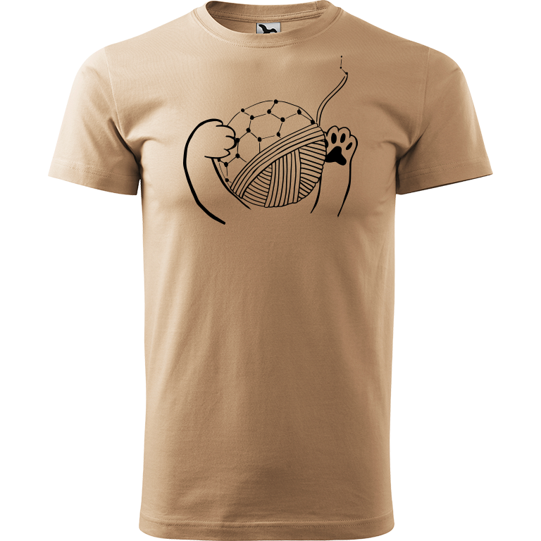 Ručně malované pánské bavlněné tričko - Kočičí packy s Fullerenem Barva trička: PÍSKOVÁ, Velikost trička: M, Barva motivu: ČERNÁ