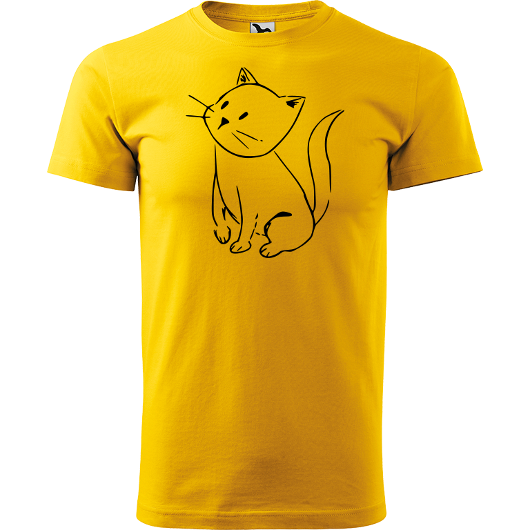 Ručně malované pánské bavlněné tričko - Kotě Barva trička: ŽLUTÁ, Velikost trička: L, Barva motivu: ČERNÁ