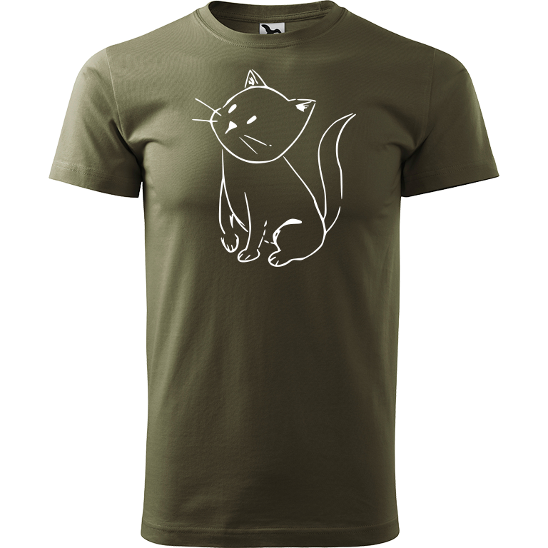 Ručně malované pánské bavlněné tričko - Kotě Barva trička: ARMY, Velikost trička: XL, Barva motivu: BÍLÁ