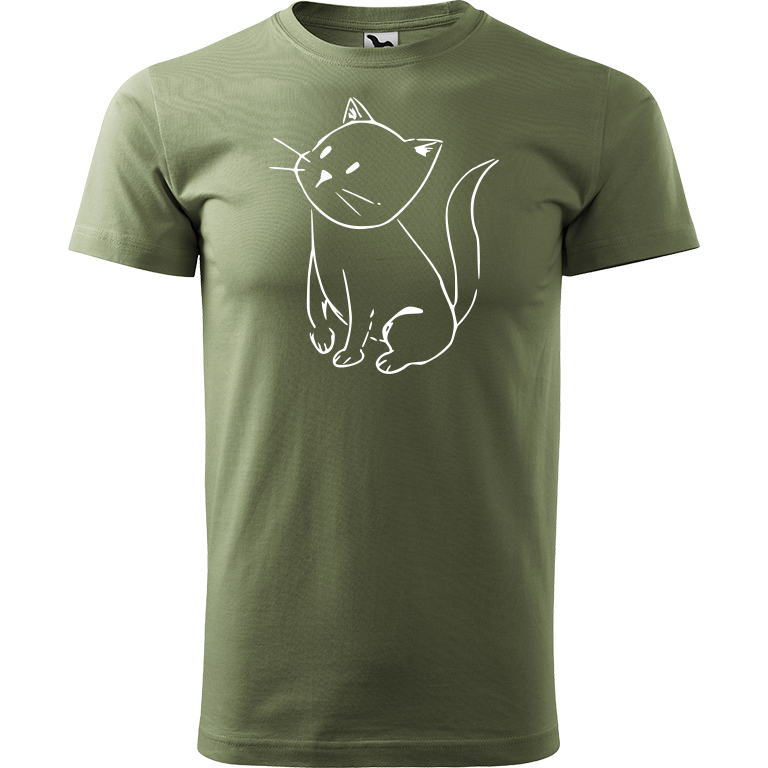 Ručně malované pánské bavlněné tričko - Kotě Barva trička: KHAKI, Velikost trička: XS, Barva motivu: BÍLÁ