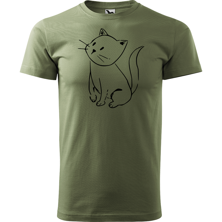 Ručně malované pánské bavlněné tričko - Kotě Barva trička: KHAKI, Velikost trička: L, Barva motivu: ČERNÁ
