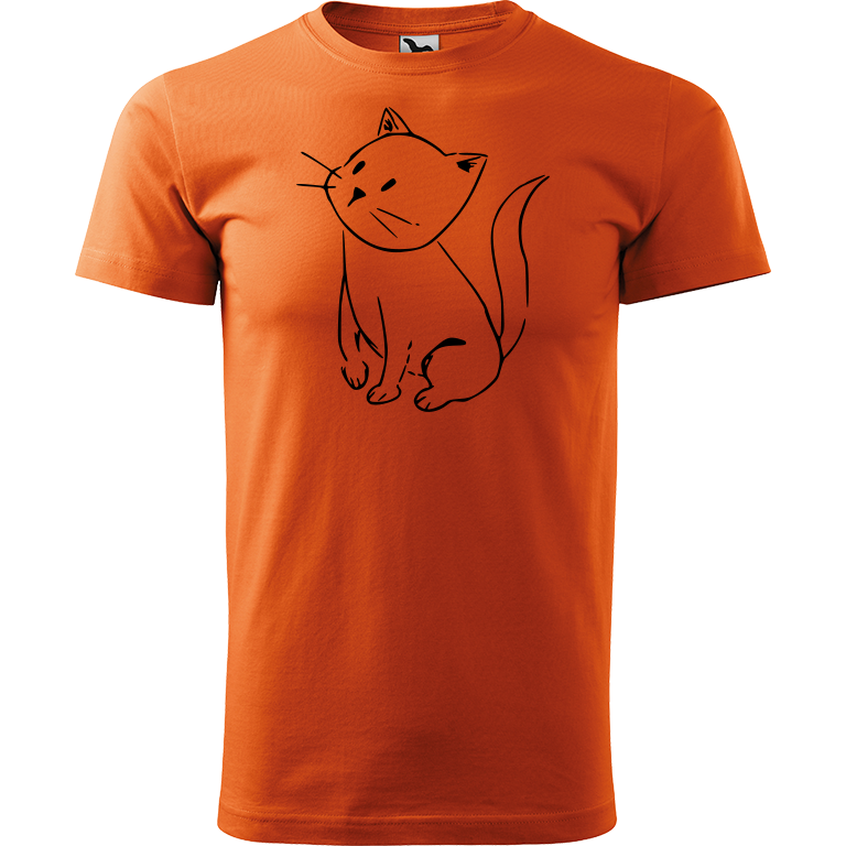 Ručně malované pánské bavlněné tričko - Kotě Barva trička: ORANŽOVÁ, Velikost trička: XXL, Barva motivu: ČERNÁ