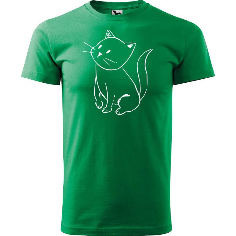 Ručně malované pánské bavlněné tričko - Kotě Barva trička: STŘEDNĚ ZELENÁ, Velikost trička: XL, Barva motivu: BÍLÁ