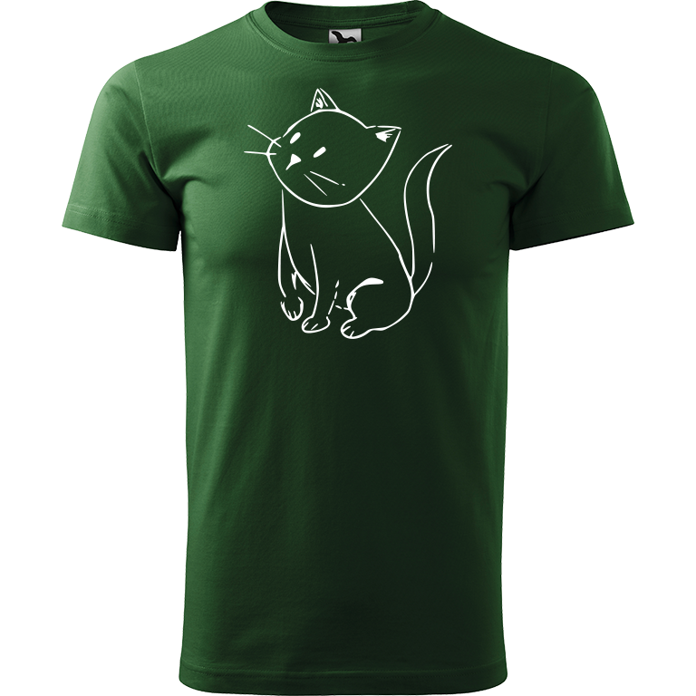 Ručně malované pánské bavlněné tričko - Kotě Barva trička: TMAVĚ ZELENÁ, Velikost trička: XXL, Barva motivu: BÍLÁ