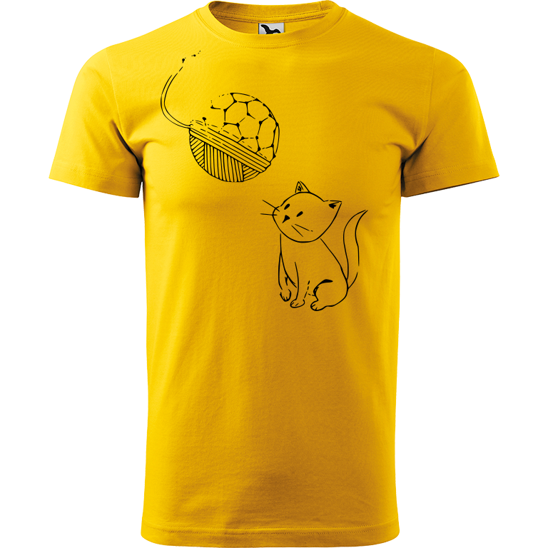 Ručně malované pánské bavlněné tričko - Kotě s Fullerenem Barva trička: ŽLUTÁ, Velikost trička: XXL, Barva motivu: ČERNÁ