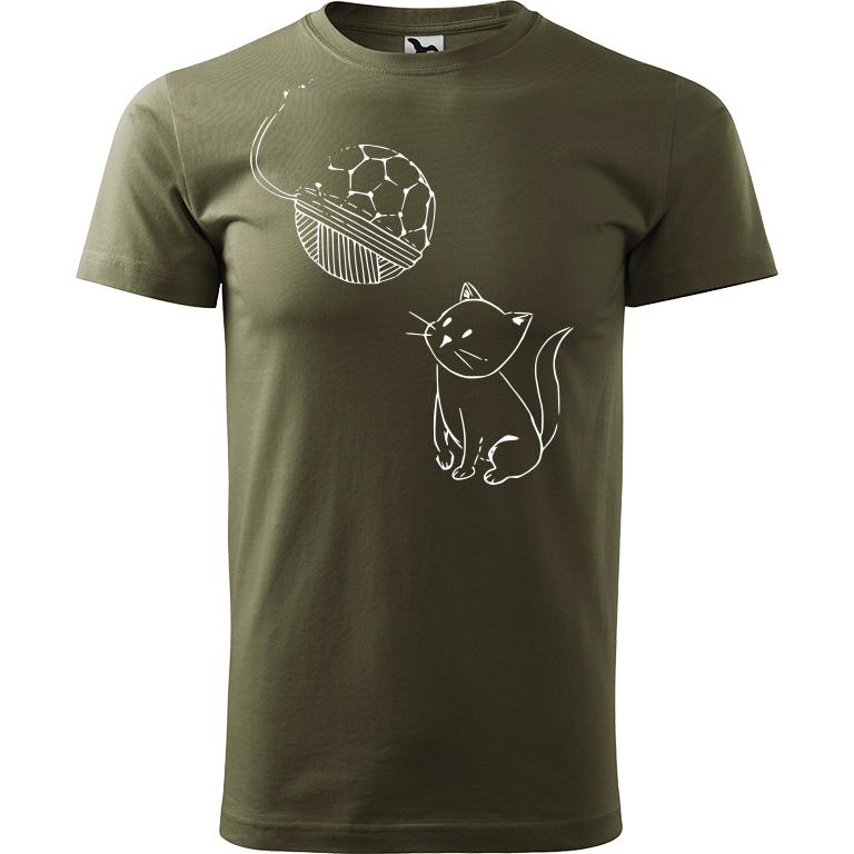 Ručně malované pánské bavlněné tričko - Kotě s Fullerenem Barva trička: ARMY, Velikost trička: XS, Barva motivu: BÍLÁ