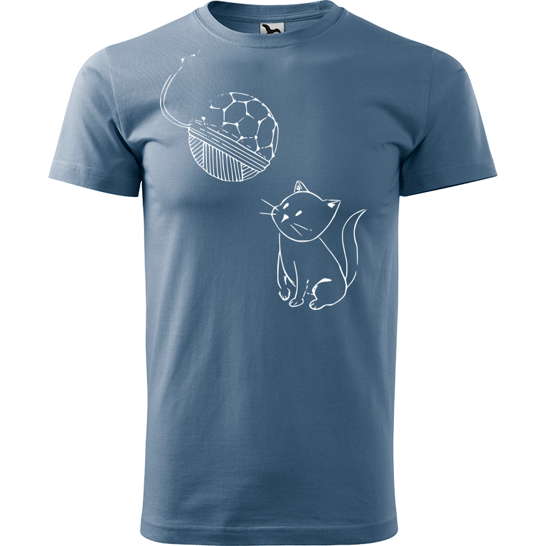 Ručně malované pánské bavlněné tričko - Kotě s Fullerenem Barva trička: DENIM, Velikost trička: M, Barva motivu: BÍLÁ
