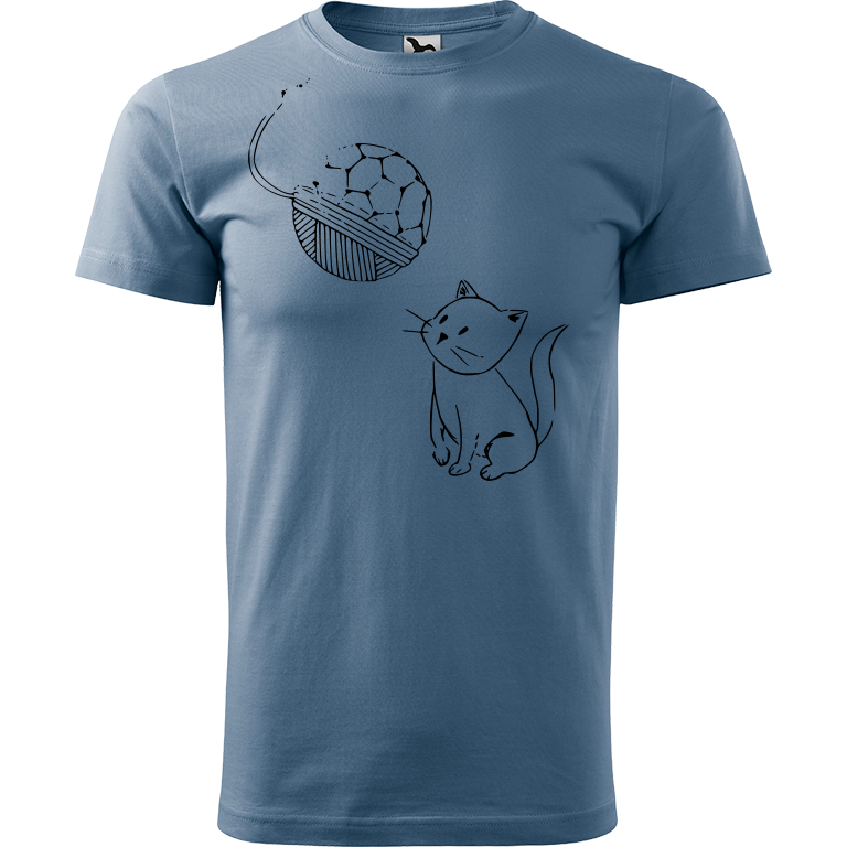 Ručně malované pánské bavlněné tričko - Kotě s Fullerenem Barva trička: DENIM, Velikost trička: XL, Barva motivu: ČERNÁ
