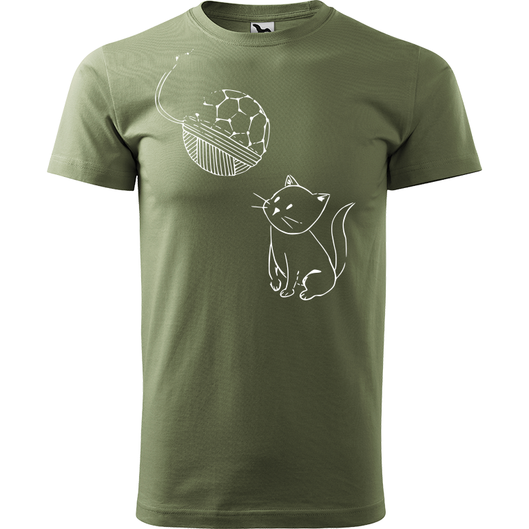 Ručně malované pánské bavlněné tričko - Kotě s Fullerenem Barva trička: KHAKI, Velikost trička: L, Barva motivu: BÍLÁ