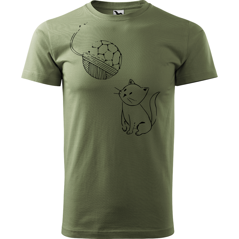 Ručně malované pánské bavlněné tričko - Kotě s Fullerenem Barva trička: KHAKI, Velikost trička: M, Barva motivu: ČERNÁ