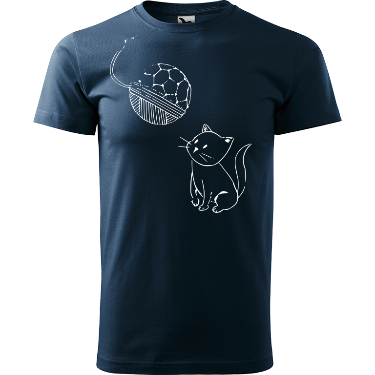 Ručně malované pánské bavlněné tričko - Kotě s Fullerenem Barva trička: NÁMOŘNICKÁ MODRÁ, Velikost trička: M, Barva motivu: BÍLÁ