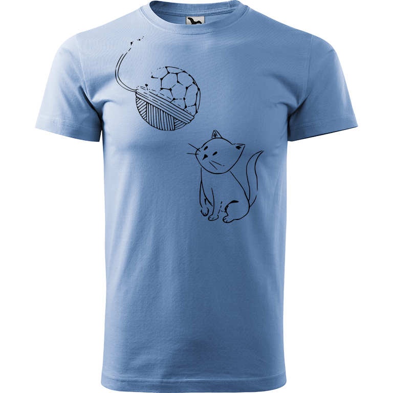 Ručně malované pánské bavlněné tričko - Kotě s Fullerenem Barva trička: NEBESKY MODRÁ, Velikost trička: M, Barva motivu: ČERNÁ