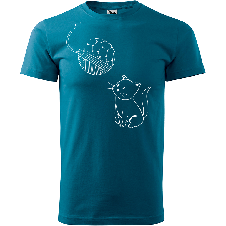 Ručně malované pánské bavlněné tričko - Kotě s Fullerenem Barva trička: PETROLEJOVÁ, Velikost trička: XL, Barva motivu: BÍLÁ