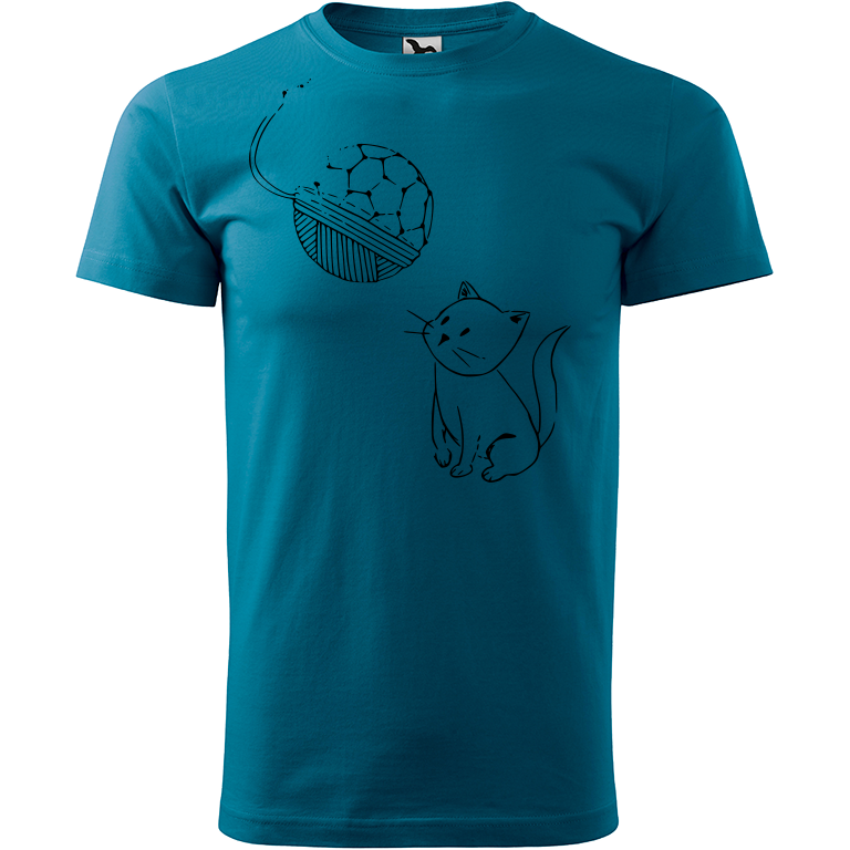 Ručně malované pánské bavlněné tričko - Kotě s Fullerenem Barva trička: PETROLEJOVÁ, Velikost trička: XS, Barva motivu: ČERNÁ