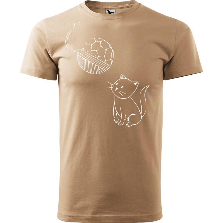 Ručně malované pánské bavlněné tričko - Kotě s Fullerenem Barva trička: PÍSKOVÁ, Velikost trička: M, Barva motivu: BÍLÁ