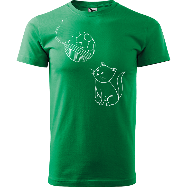 Ručně malované pánské bavlněné tričko - Kotě s Fullerenem Barva trička: STŘEDNĚ ZELENÁ, Velikost trička: XS, Barva motivu: BÍLÁ