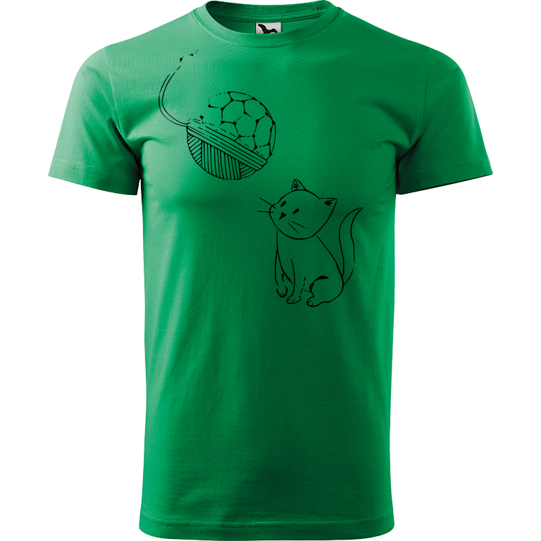 Ručně malované pánské bavlněné tričko - Kotě s Fullerenem Barva trička: STŘEDNĚ ZELENÁ, Velikost trička: L, Barva motivu: ČERNÁ