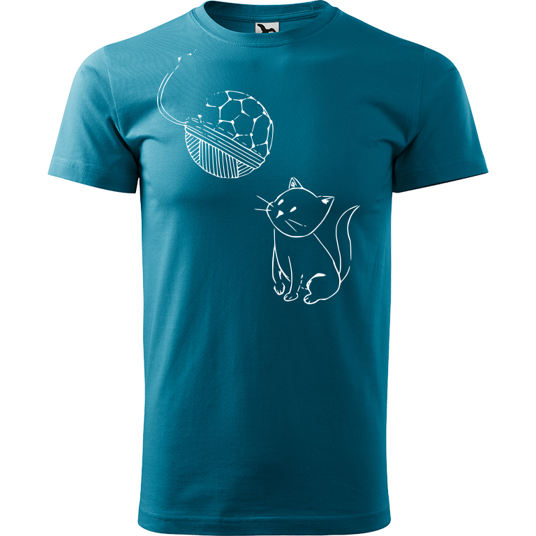 Ručně malované pánské bavlněné tričko - Kotě s Fullerenem Barva trička: TMAVĚ TYRKYSOVÁ, Velikost trička: XL, Barva motivu: BÍLÁ