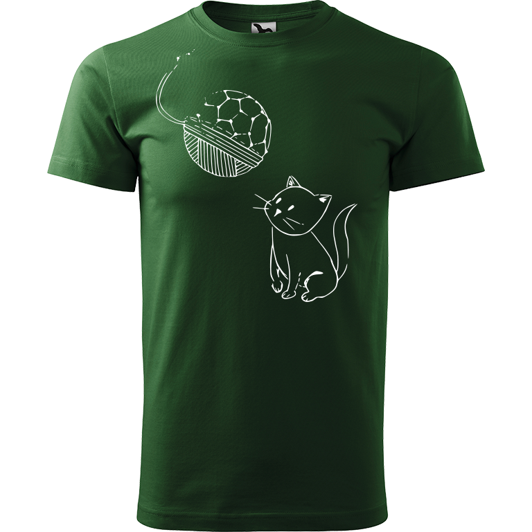 Ručně malované pánské bavlněné tričko - Kotě s Fullerenem Barva trička: TMAVĚ ZELENÁ, Velikost trička: XL, Barva motivu: BÍLÁ