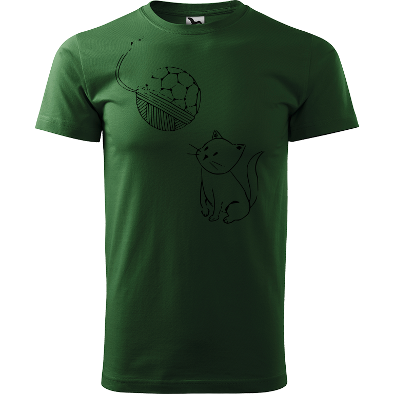 Ručně malované pánské bavlněné tričko - Kotě s Fullerenem Barva trička: TMAVĚ ZELENÁ, Velikost trička: XXL, Barva motivu: ČERNÁ