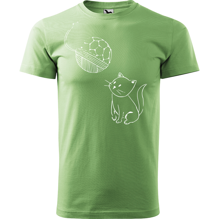 Ručně malované pánské bavlněné tričko - Kotě s Fullerenem Barva trička: TRÁVOVĚ ZELENÁ, Velikost trička: XL, Barva motivu: BÍLÁ