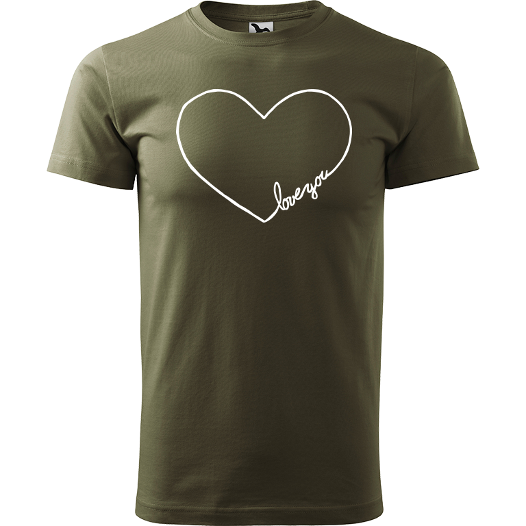 Ručně malované pánské bavlněné tričko - "Love You" srdce Barva trička: ARMY, Velikost trička: M, Barva motivu: BÍLÁ