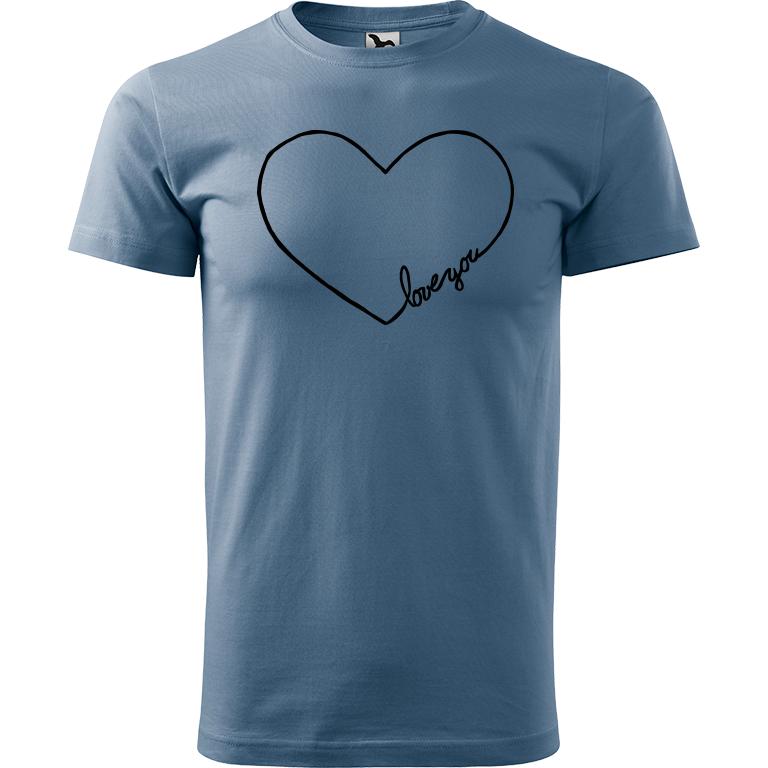 Ručně malované pánské bavlněné tričko - "Love You" srdce Barva trička: DENIM, Velikost trička: L, Barva motivu: ČERNÁ