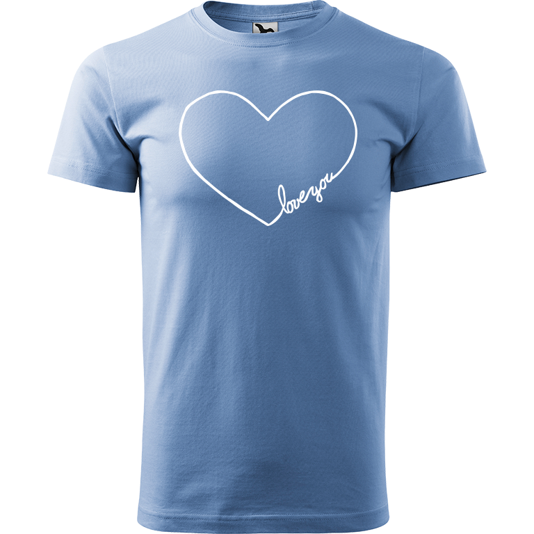 Ručně malované pánské bavlněné tričko - "Love You" srdce Barva trička: NEBESKY MODRÁ, Velikost trička: XL, Barva motivu: BÍLÁ