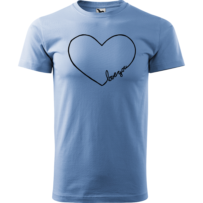 Ručně malované pánské bavlněné tričko - "Love You" srdce Barva trička: NEBESKY MODRÁ, Velikost trička: XXL, Barva motivu: ČERNÁ