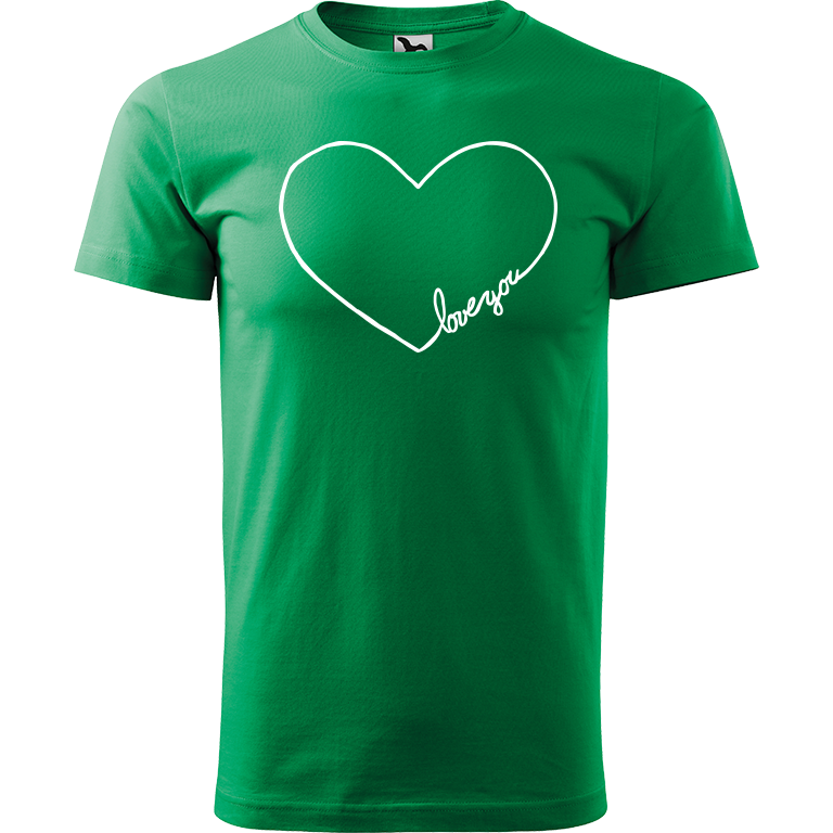 Ručně malované pánské bavlněné tričko - "Love You" srdce Barva trička: STŘEDNĚ ZELENÁ, Velikost trička: XL, Barva motivu: BÍLÁ