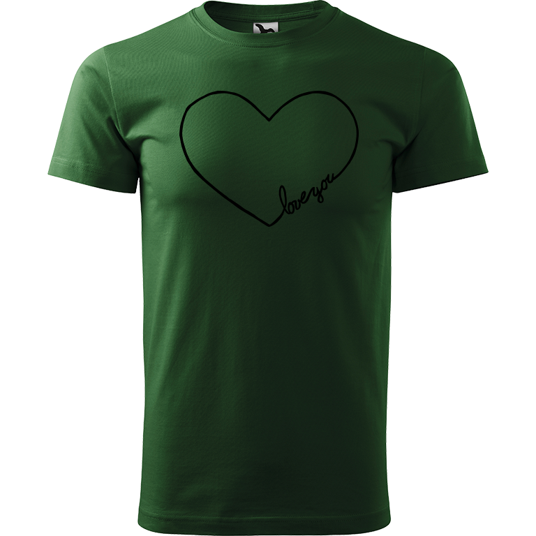 Ručně malované pánské bavlněné tričko - "Love You" srdce Barva trička: TMAVĚ ZELENÁ, Velikost trička: XXL, Barva motivu: ČERNÁ