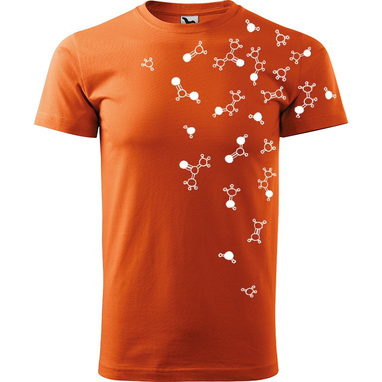 Ručně malované pánské bavlněné tričko - Molekuly Barva trička: ORANŽOVÁ, Velikost trička: S, Barva motivu: BÍLÁ