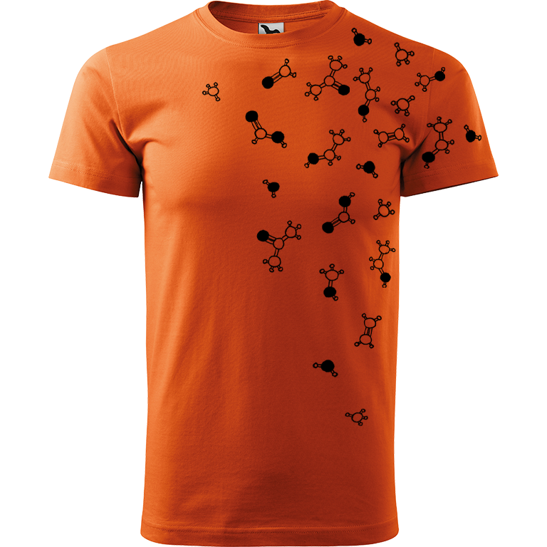 Ručně malované pánské bavlněné tričko - Molekuly Barva trička: ORANŽOVÁ, Velikost trička: XXL, Barva motivu: ČERNÁ