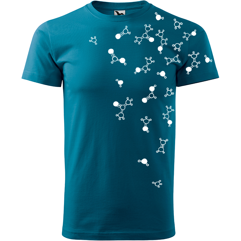 Ručně malované pánské bavlněné tričko - Molekuly Barva trička: PETROLEJOVÁ, Velikost trička: L, Barva motivu: BÍLÁ
