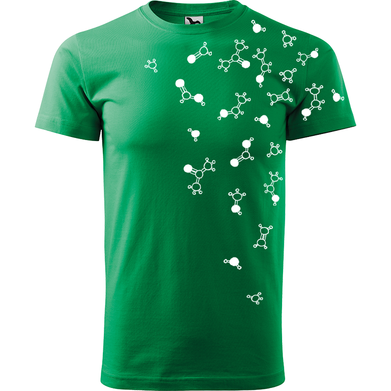 Ručně malované pánské bavlněné tričko - Molekuly Barva trička: STŘEDNĚ ZELENÁ, Velikost trička: XS, Barva motivu: BÍLÁ