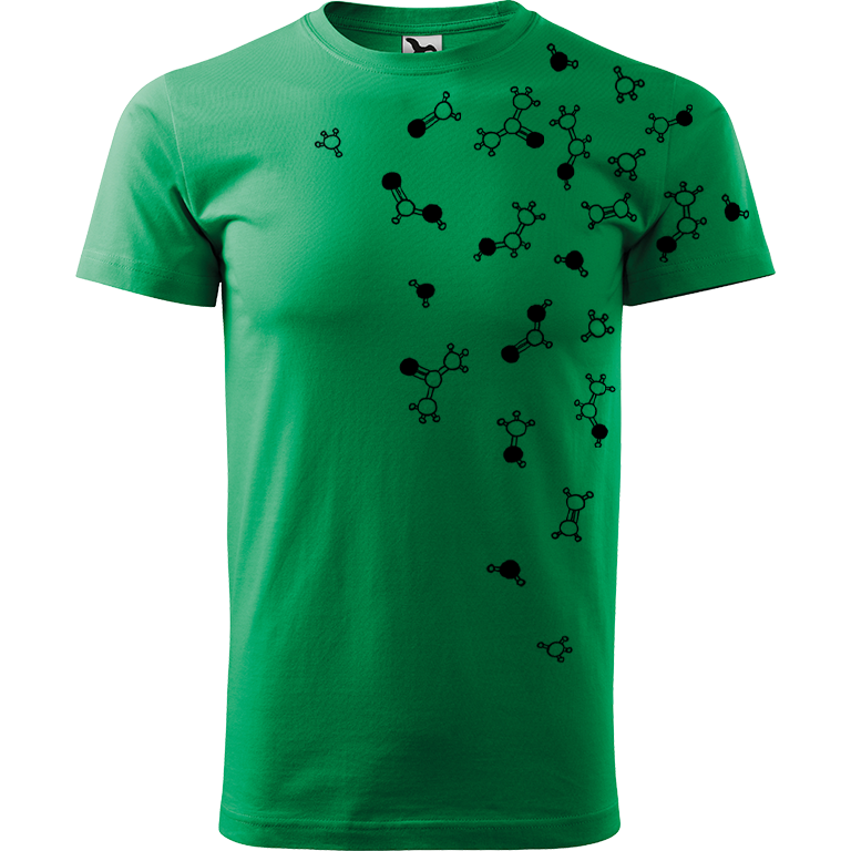 Ručně malované pánské bavlněné tričko - Molekuly Barva trička: STŘEDNĚ ZELENÁ, Velikost trička: XXL, Barva motivu: ČERNÁ