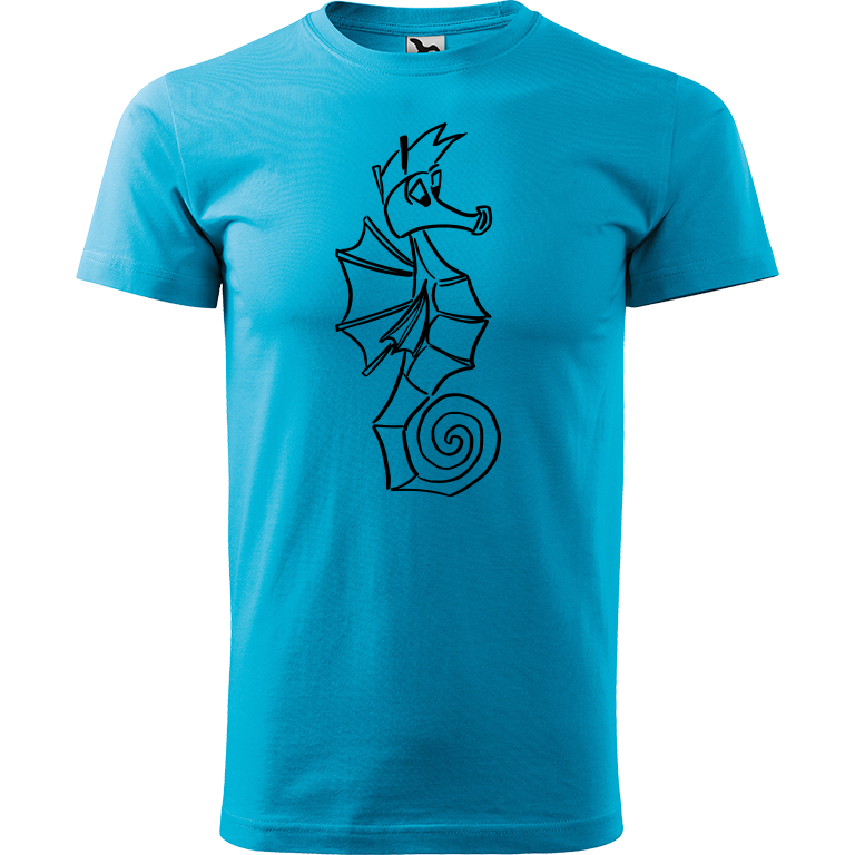 Ručně malované pánské bavlněné tričko - Mořský koník Barva trička: TYRKYSOVÁ, Velikost trička: M, Barva motivu: ČERNÁ