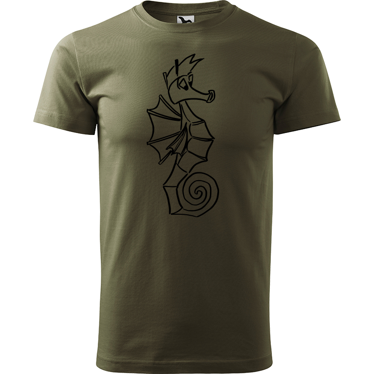 Ručně malované pánské bavlněné tričko - Mořský koník Barva trička: ARMY, Velikost trička: XL, Barva motivu: ČERNÁ
