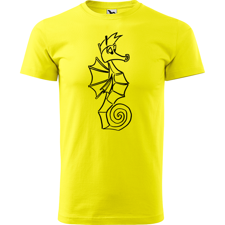Ručně malované pánské bavlněné tričko - Mořský koník Barva trička: CITRONOVÁ, Velikost trička: XL, Barva motivu: ČERNÁ