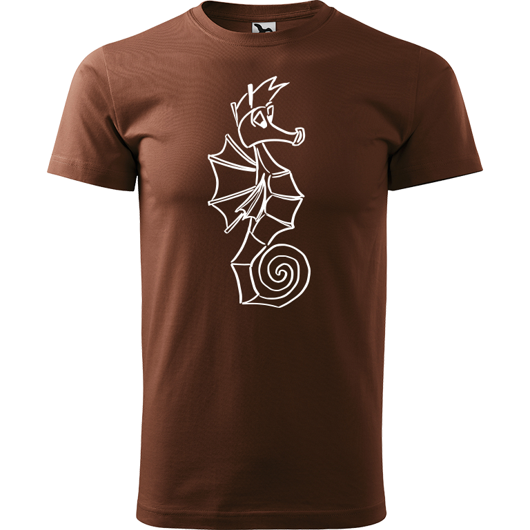 Ručně malované pánské bavlněné tričko - Mořský koník Barva trička: ČOKOLÁDOVÁ, Velikost trička: XXL, Barva motivu: BÍLÁ