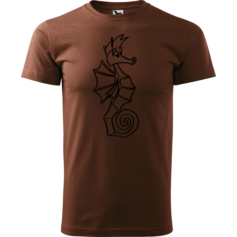 Ručně malované pánské bavlněné tričko - Mořský koník Barva trička: ČOKOLÁDOVÁ, Velikost trička: XXL, Barva motivu: ČERNÁ