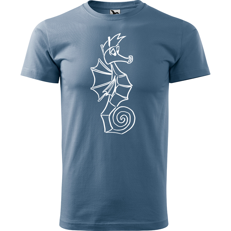 Ručně malované pánské bavlněné tričko - Mořský koník Barva trička: DENIM, Velikost trička: L, Barva motivu: BÍLÁ