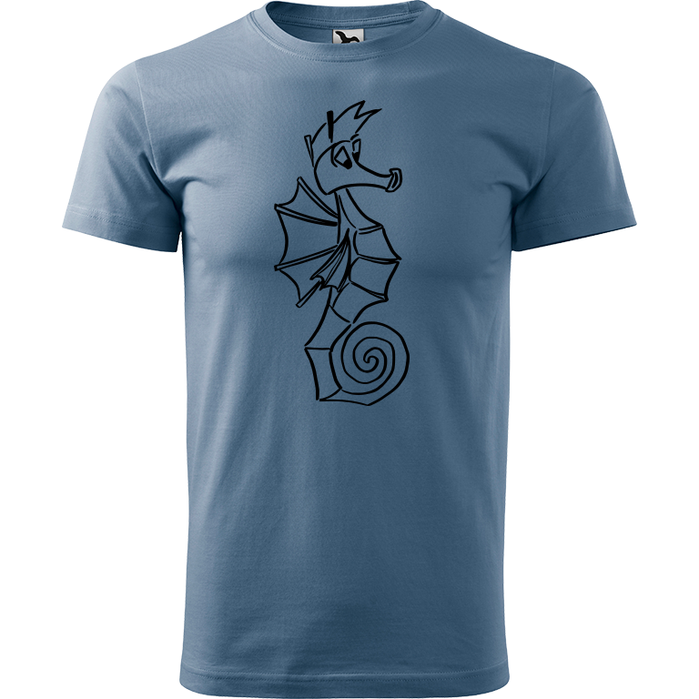 Ručně malované pánské bavlněné tričko - Mořský koník Barva trička: DENIM, Velikost trička: XXL, Barva motivu: ČERNÁ